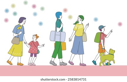 A three-generation family going out with smiles. Side view illustration.