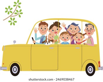 A three-generation family is having fun in a yellow car