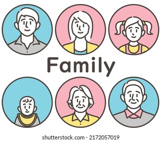 Three-generation family icon set of parents, children and grandparents