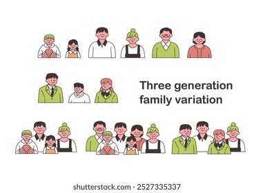 Three-Generation Family Illustration Set (Upper Body)