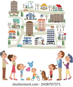 A three-generation family looking up at the cityscape and considering real estate