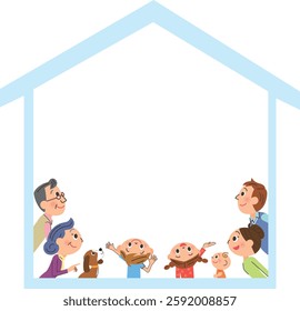 A three-generation family looking at a message board with the silhouette of a house