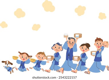 Eine Drei-Generationen-Familie marschiert Seite an Seite in Yukata an einem heißen Frühling
