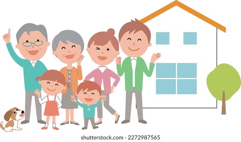 Three-generation family rejoicing in front of the newly built house Whole body