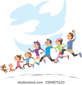 A three-generation family running in a line through the sky