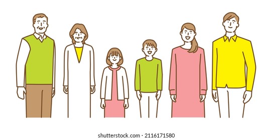 A three-generation family with smiling faces