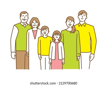 A three-generation family with smiling faces