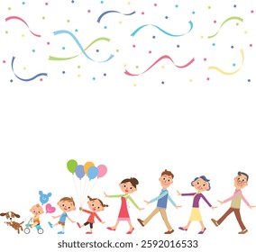 A three-generation family walking happily under falling confetti