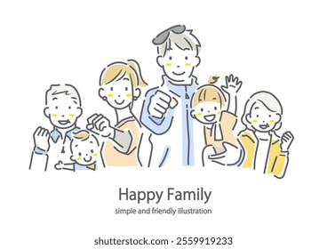 A three-generation family who exercises and stays healthy - simple and stylish line drawing illustration