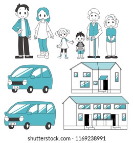 three-generational households family & house & car illustration set