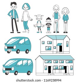 three-generational households family & house & car illustration set