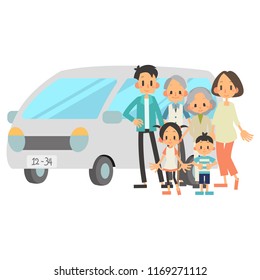three-generational households & private car illustration set