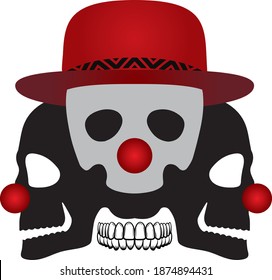 Three-head skull. Terrible teeth with a red nose. Skull in a red hat. Vector.