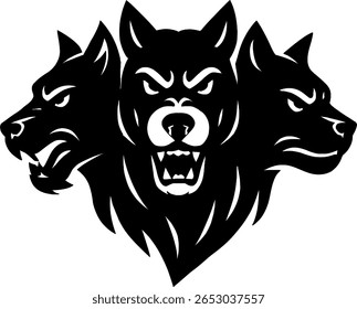 Silhueta de Cerberus Dog de três cabeças, Silhueta preta surpreendente de Cerberus, o cão de três cabeças da mitologia grega. Ideal para temas de poder, proteção, fantasia ou projetos místicos.