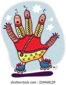 Three-headed dragon in the shape of hand in a red shirt and yellow shorts roller skating