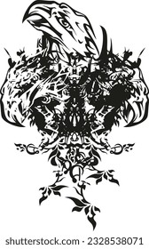 Three-headed eagle symbol isolated on white for shield or sport emblems. Black-white detailed predator symbol for posters, textiles, prints on T-shirts, fashion, logos, graphics on vehicles or tattoos