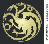Three-headed gold dragon as emblem of the house Targaryen. Poster of the gold dragon for the series House of the Dragon - prequel Game of Thrones.  Vector illustration as print, pattern or wallpaper.