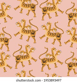 Three-headed golden tiger. Fantastic creature. Traditions and culture of Asia. Tiger seamless pattern.