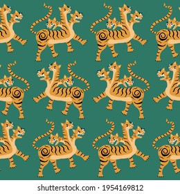 Three-headed golden tiger. Fantastic creature. Traditions and culture of Asia. Animal seamless pattern.