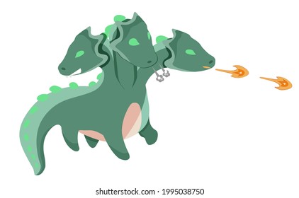 The three-headed green dragon exhales flame and smoke comes out of the nostrils. Flat vector illustration.
