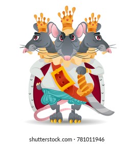 Three-headed mouse king from a fairy tale. A magical monster.