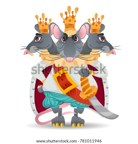 Three-headed mouse king from a fairy tale. A magical monster.