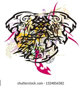  Three-headed tiger with colorful splashes. Splattered unusual tribal symbol in the form of the tiger heads with ornate floral elements