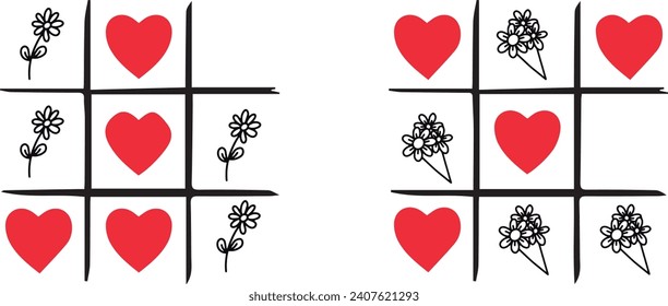 Three-in-a-row game set with red heart and daisies