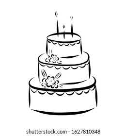 Three-layer cake with flowers. Color vector illustration. Hand-drawn and isolated on a white background. Sweet dessert. Can be used to decorate the menu of confectionery, weddings, birthday parties