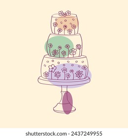 A three-layer cake with icing and decorations ready to be served. The cake is colorful and inviting, with different flavors and textures visible on each layer