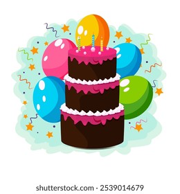 A three-layer chocolate cake with pink icing, topped with candles, is surrounded by colorful balloons and confetti. The scene has a festive vibe, perfect for a birthday or celebration.