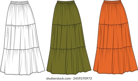 Three-layer long wide skirt with elastic waist, Skirt cad