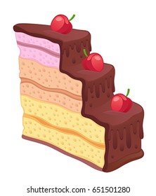 Three-layer piece of cake on a white background