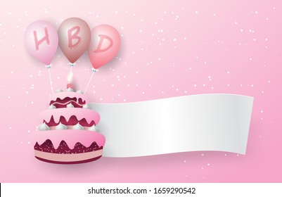 Torta rosa de tres capas flota con tres globos rosas. Hay una carta HBD en el globo y una bandera de fondo blanca flota fuera del pastel. En el fondo rosa.