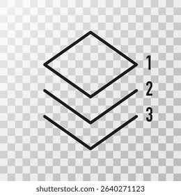 Three-layer structure icon with numbered levels 1, 2, 3 on a transparent background. Minimalist outline style vector illustration.