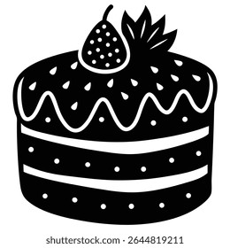Three-layer, stylized cake with strawberry topping presents a simple yet elegant style. Layered frosting, decorative polka dots, and clean design create a balanced black and white composition.