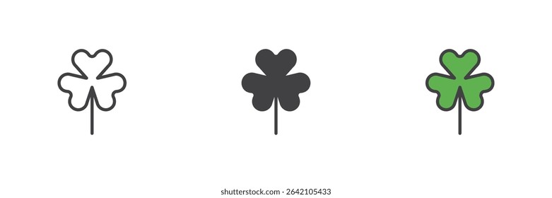 Three-leaf clover icon shown in line, solid and filled outline styles. Vector lucky plant symbol. Nature icon pack for Irish and eco themes.