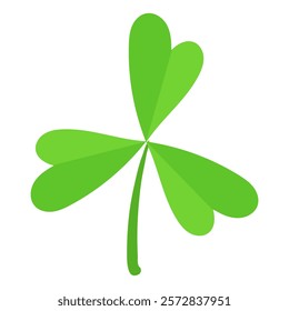 Three-leaf green clover with heart-shaped leaves isolated on a white background. Simple flat illustration. St. Patrick's Day and luck symbol concept