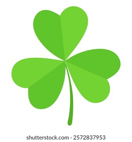 Three-leaf green clover with heart-shaped leaves isolated on a white background. Simple flat illustration. St. Patrick's Day and luck symbol concept