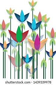 
three-leafed stylized flowers of different colors resembling a field