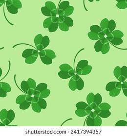 Three-leaves and four-leafed clover on green. Vector seamless pattern. Cartoon illustration. Saint Patrick's Day background.