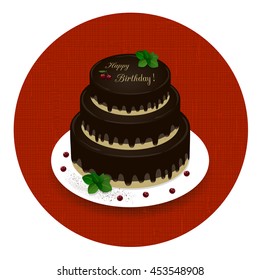 three-level chocolate cake with the words Happy Birthday and cherries