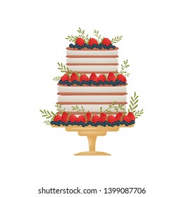 Three-level striped cake. Decorated with strawberries and blueberries. Vector illustration on white background.