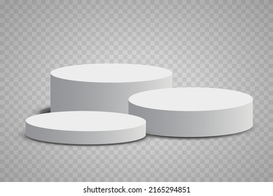 Three-level White podium on white background with reflection. Three simple cylinder geometric pedestals for product presentation. 3D rendering.
