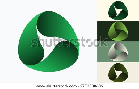 Three-lobed twisted ribbon shape with a smooth glossy gradient finish, presented in five color variations - bright green on white, dark green on cream, olive-green on dark, silver-gray on sage green, and dark olive on cream background. The interlocking triquetra-like form features threefold rotational symmetry with a three-dimensional volumetric appearance. This vector logo icon set is ideal for ecology, sustainability, technology, corporate branding, and modern graphic design projects. The organic flowing curves combine natural and futuristic aesthetics.