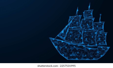 Three-masted sailing ship. Polygonal design of interconnected lines and points. Blue background.