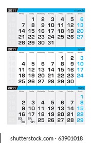 Three-month calendar,april 2011