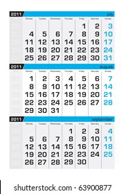 Three-month calendar,august 2011