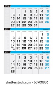 Three-month calendar,january 2011