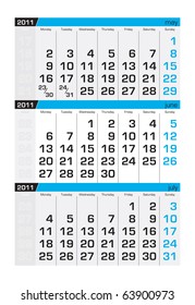 Three-month calendar,june 2011